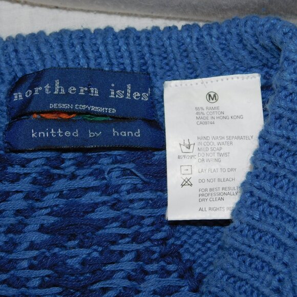 VTG Northern Isles Hand Knit Blue Multicolour Diamond Crew Neck Sweater Womens M - Picture 5 of 10